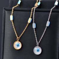 Evil Eye Jewelry Necklace, 316L Stainless Steel, with White Shell, with 5cm extender chain, Flat Round, Vacuum Ion Plating, for woman & enamel Approx 40 cm 