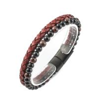 Tiger Eye Stone Bracelets, with Leather & 316L Stainless Steel, Double Layer & for man 