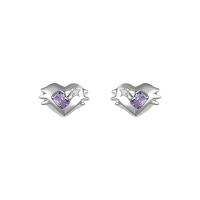 Zinc Alloy Rhinestone Stud Earring, with Brass, Heart, silver color plated, fashion jewelry & for woman & with rhinestone, purple 