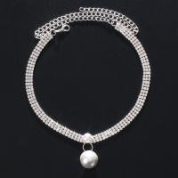 Collar de aleación de cinc con diamantes de imitación, con Perlas plásticas & aleación de zinc, chapado en color de plata, Joyería & para mujer, longitud:aproximado 12-19.6 Inch, Vendido por UD