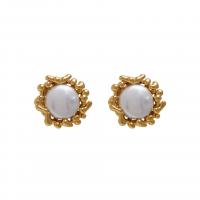 Freshwater Pearl Brass Earring, with Freshwater Pearl, Flower, gold color plated, fashion jewelry & for woman, golden 