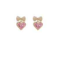 Cubic Zirconia Micro Pave Brass Earring, with Cubic Zirconia & Plastic Pearl, Heart, gold color plated, fashion jewelry & for woman, pink 
