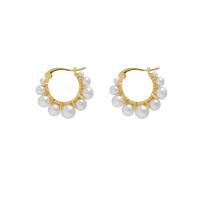 Brass Drop Earring, with Plastic Pearl, Donut, gold color plated, fashion jewelry & for woman 