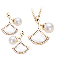 Brass Freshwater Pearl Jewelry Sets, with White Shell & Freshwater Pearl, 18K gold plated & micro pave cubic zirconia & for woman 