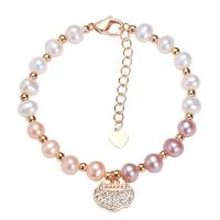 Cultured Freshwater Pearl Brass Bracelet, with Copper Alloy, with 1.77 inch extender chain, 18K gold plated, micro pave cubic zirconia & for woman Approx 6.3 Inch 