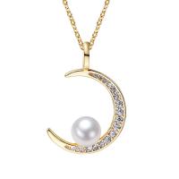 Freshwater Pearl Brass Necklace, with Copper Alloy, Moon, 18K gold plated, micro pave cubic zirconia & for woman Approx 17.71 Inch 