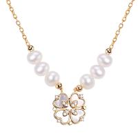 Freshwater Pearl Brass Necklace, with Shell & Brass, with 1.96 inch extender chain, 18K gold plated, micro pave cubic zirconia & for woman Approx 15.75 Inch 