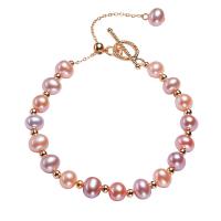 Cultured Freshwater Pearl Brass Bracelet, with Copper Alloy, with 1.96 inch extender chain, 18K gold plated, for woman Approx 6.3 Inch 