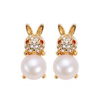 Freshwater Pearl Brass Earring, with Copper Alloy, Rabbit, plated, micro pave cubic zirconia & for woman 