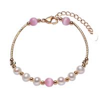 Cultured Freshwater Pearl Brass Bracelet, with Copper Alloy & Cats Eye, with 1.57 inch extender chain, 18K gold plated, for woman Approx 6.3 Inch 