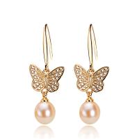 Freshwater Pearl Brass Earring, with Brass, Butterfly, 18K gold plated, micro pave cubic zirconia & for woman 