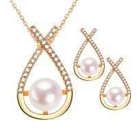 Brass Freshwater Pearl Jewelry Sets, with Brass, 18K gold plated & micro pave cubic zirconia & for woman 