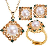 Brass Freshwater Pearl Jewelry Sets, with Brass, 18K gold plated & micro pave cubic zirconia & for woman Approx 15.75 Inch 