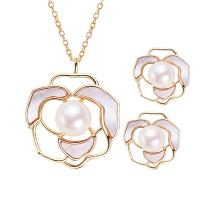 Brass Freshwater Pearl Jewelry Sets, with Shell & Brass, Flower, plated & micro pave cubic zirconia & for woman 
