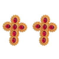 Resin Zinc Alloy Earring, with Resin Rhinestone, Cross, gold color plated, fashion jewelry & for woman 