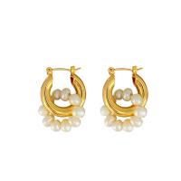 Brass Hoop Earring, with Freshwater Pearl, gold color plated, fashion jewelry & for woman 