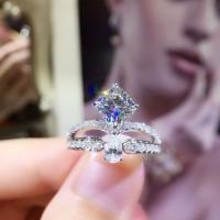 Anilo de dedo de latón, metal, Corona, chapado en platina real, ajustable & para mujer & con diamantes de imitación, tamaño:6-8, Vendido por UD