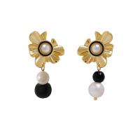 Brass Drop Earring, with Plastic Pearl, Flower, gold color plated, fashion jewelry & for woman 