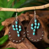Turquoise Zinc Alloy Earring, with turquoise & PU Leather, Teardrop, silver color plated, vintage & for woman 