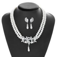 Rhinestone Zinc Alloy Jewelry Set, with Plastic Pearl, polished, 2 pieces & for woman & with rhinestone, white Approx 16.53 Inch 