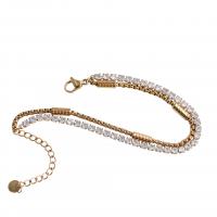 Stainless Steel Chain Bracelets, 304 Stainless Steel, with Rhinestone, with 5cm extender chain, Vacuum Ion Plating, Double Layer & for woman, golden Approx 16 cm 
