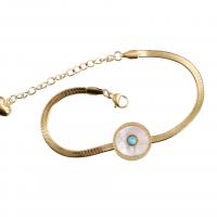 Evil Eye Jewelry Bracelet, 304 Stainless Steel, with Synthetic Turquoise & White Shell, with 5cm extender chain, Flat Round, Vacuum Ion Plating, Unisex, golden Approx 16 cm 