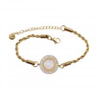Stainless Steel Chain Bracelets, 304 Stainless Steel, with Rhinestone Clay Pave & White Shell, with 5cm extender chain, Flat Round, Vacuum Ion Plating, for woman, golden Approx 16 cm 
