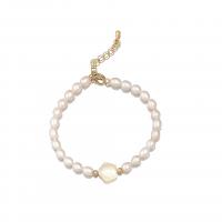 Cultured Freshwater Pearl Brass Bracelet, with Shell & Freshwater Pearl, with 4.5cm extender chain, Flower, gold color plated, fashion jewelry & for woman, white .5 cm 