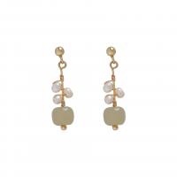 Freshwater Pearl Brass Earring, with Jade & Freshwater Pearl, gold color plated, fashion jewelry & for woman 