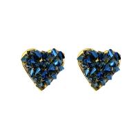 Rhinestone Brass Stud Earring, with Glass Rhinestone, Heart, gold color plated, fashion jewelry & for woman, dark blue 