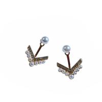 Zinc Alloy Rhinestone Stud Earring, with Plastic Pearl, gold color plated, for woman & with rhinestone 