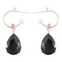 Rhinestone Brass Drop Earring, with Glass Rhinestone & Plastic Pearl, Teardrop, rose gold color plated, for woman, black 