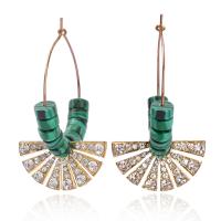 Zinc Alloy Rhinestone Drop Earring, with Malachite, Fan, gold color plated, for woman & with rhinestone, green 