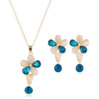 Rhinestone Zinc Alloy Jewelry Set, earring & necklace, with Cats Eye, Flower, plated, for woman & with rhinestone 40mm Approx 42 cm 