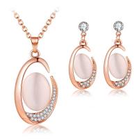 Rhinestone Zinc Alloy Jewelry Set, earring & necklace, with Cats Eye, Oval, rose gold color plated, for woman & with rhinestone, pink  Approx 42 cm 