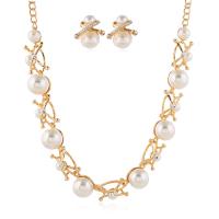 Rhinestone Zinc Alloy Jewelry Set, earring & necklace, with Plastic Pearl, gold color plated, for woman & with rhinestone, white, 16mm Approx 45 cm 