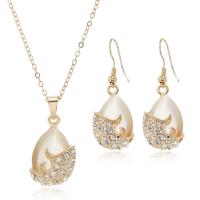 Rhinestone Zinc Alloy Jewelry Set, earring & necklace, with Cats Eye, with 5cm extender chain, Teardrop, rose gold color plated, for woman & with rhinestone, 14mm Approx 41 cm 