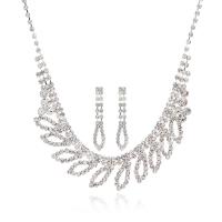 Rhinestone Zinc Alloy Jewelry Set, earring & necklace, with 12cm extender chain, silver color plated, for woman & with rhinestone, clear, 18mm,43mm Approx 34 cm 