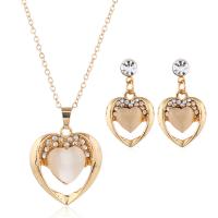 Rhinestone Zinc Alloy Jewelry Set, earring & necklace, with Cats Eye, Heart, gold color plated, for woman & with rhinestone  Approx 45 cm 