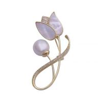Cubic Zirconia Brooch, Brass, with Shell & Plastic Pearl, Tulip, gold color plated, fashion jewelry & micro pave cubic zirconia & for woman 