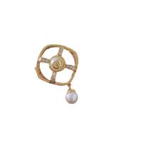 Plastic Pearl Brooch, Brass, with Shell & Plastic Pearl, Square, gold color plated, fashion jewelry & micro pave cubic zirconia & for woman 