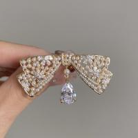 Cubic Zirconia Brooch, Brass, with Plastic Pearl, Bowknot, gold color plated, micro pave cubic zirconia & for woman 
