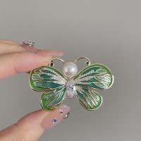 Enamel Brooch, Brass, with Plastic Pearl, Butterfly, gold color plated, micro pave cubic zirconia & for woman, green 
