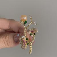 Freshwater Pearl Brooch, Brass, with Freshwater Pearl, Flower, gold color plated, vintage & micro pave cubic zirconia & for woman 