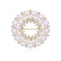 Plastic Pearl Brooch, Brass, with Plastic Pearl, Donut, gold color plated, Korean style & micro pave cubic zirconia & for woman, white 