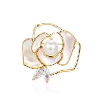 Freshwater Pearl Brooch, Brass, with Cubic Zirconia & Shell & Freshwater Pearl, Flower, gold color plated, vintage & for woman & hollow 
