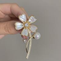 Cubic Zirconia Brooch, Brass, with Shell & Plastic Pearl, Flower, gold color plated, micro pave cubic zirconia & for woman 
