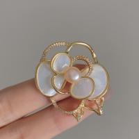 Freshwater Pearl Brooch, Brass, with Shell & Freshwater Pearl, Flower, gold color plated, micro pave cubic zirconia & for woman 