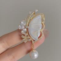 Cubic Zirconia Brooch, Brass, with Shell & Plastic Pearl, Butterfly, gold color plated, micro pave cubic zirconia & for woman 