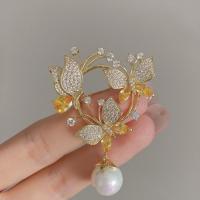 Cubic Zirconia Brooch, Brass, with Plastic Pearl, Butterfly, gold color plated, micro pave cubic zirconia & for woman 